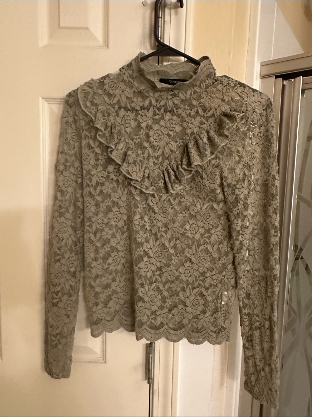 Forever 21 Olive Lace Ruffle Long-Sleeve Top